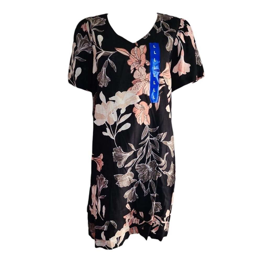 Nicole Miller Dress Womens Size L Large Solid Black Floral Linen‎ Blend NWT New